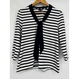 Brooks Brothers Shirt Women L Blue White Tie Neck Striped Sailor Nautical Preppy